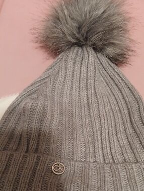 Calvin Klein Gray Ribbed Beanie with Faux Fur Pom